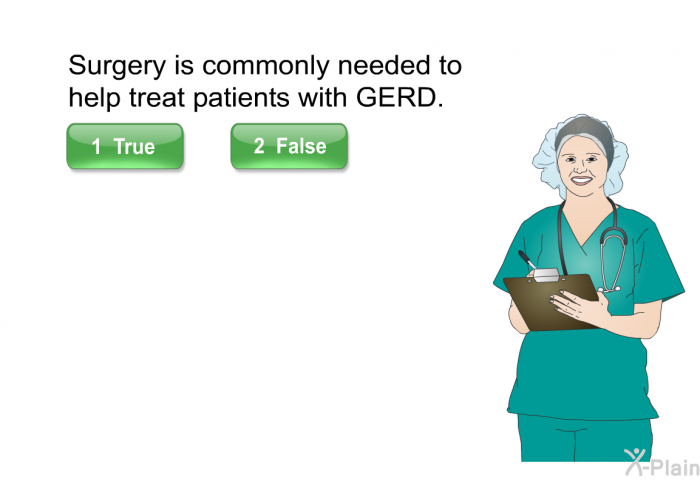 Surgery is commonly needed to help treat patients with GERD. Select True or False.