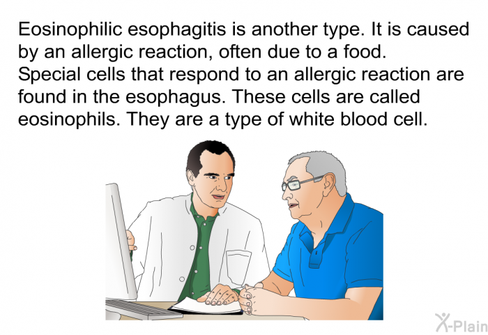 Eosinophilic esophagitis is another type. It is caused by an allergic reaction, often due to a food. Special cells that respond to an allergic reaction are found in the esophagus. These cells are called eosinophils. They are a type of white blood cell.