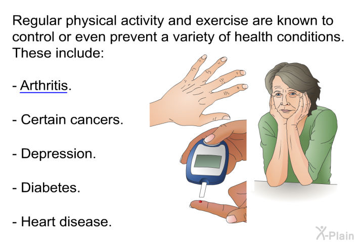 Regular physical activity and exercise are known to control or even prevent a variety of health conditions. These include:  Arthritis. Certain cancers. Depression. Diabetes. Heart disease.