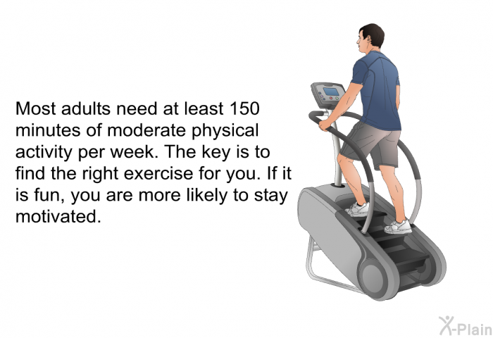 Most adults need at least 150 minutes of moderate physical activity per week. The key is to find the right exercise for you. If it is fun, you are more likely to stay motivated.
