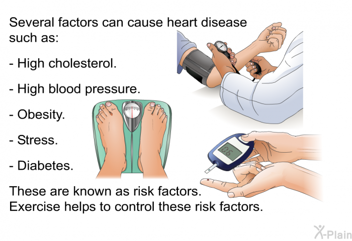 Several factors can cause heart disease, such as:  High cholesterol. High blood pressure. Obesity. Stress. Diabetes.  
 These are known as risk factors. Exercise helps to control these risk factors.