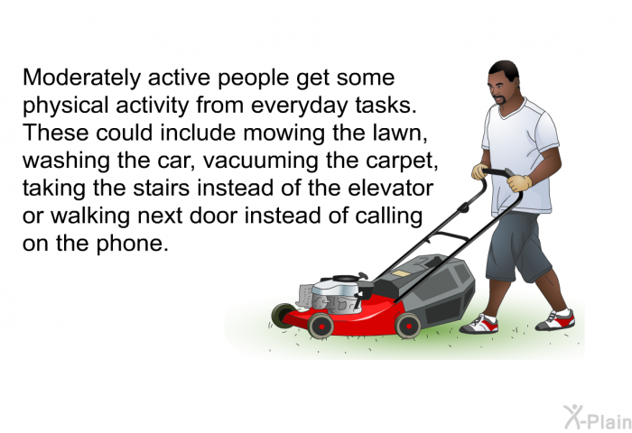 Moderately active people get some physical activity from everyday tasks. These could include mowing the lawn, washing the car, vacuuming the carpet, taking the stairs instead of the elevator or walking next door instead of calling on the phone.