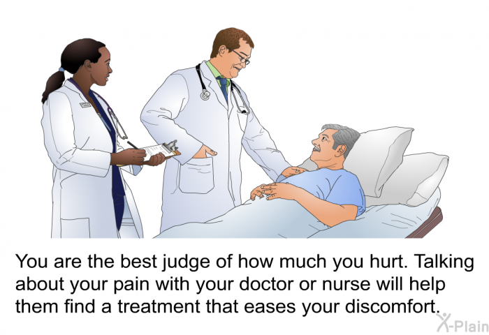 You are the best judge of how much you hurt. Talking about your pain with your doctor or nurse will help them find a treatment that eases your discomfort.