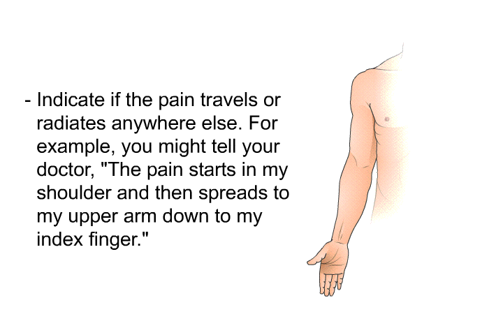 Indicate if the pain travels or radiates anywhere else. For example, you might tell your doctor, "The pain starts in my shoulder and then spreads to my upper arm down to my index finger."