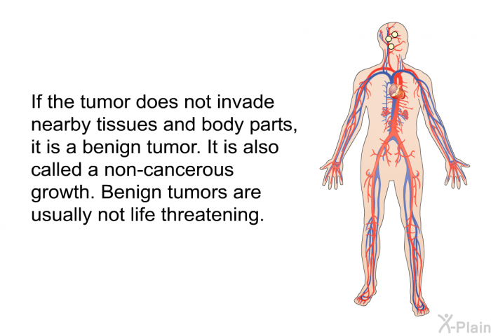 If the tumor does not invade nearby tissues and body parts, it is a benign tumor. It is also called a non-cancerous growth. Benign tumors are usually not life threatening.
