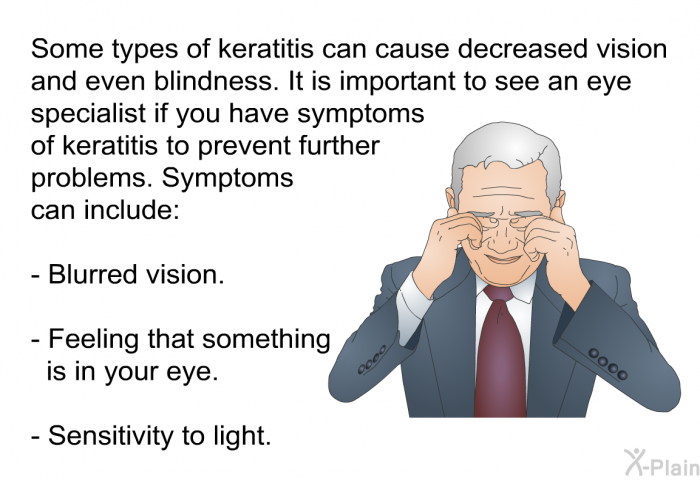 Some types of keratitis can cause decreased vision and even blindness. It is important to see an eye specialist if you have symptoms of keratitis to prevent further problems. Symptoms can include:  Blurred vision. Feeling that something is in your eye. Sensitivity to light.