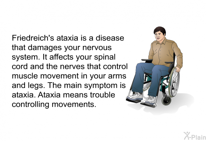 Friedreich's ataxia is a disease that damages your nervous system. It affects your spinal cord and the nerves that control muscle movement in your arms and legs. The main symptom is ataxia. Ataxia means trouble controlling movements.