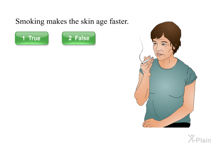 Smoking makes the skin age faster. Press True or False