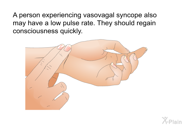 A person experiencing vasovagal syncope also may have a low pulse rate. They should regain consciousness quickly.