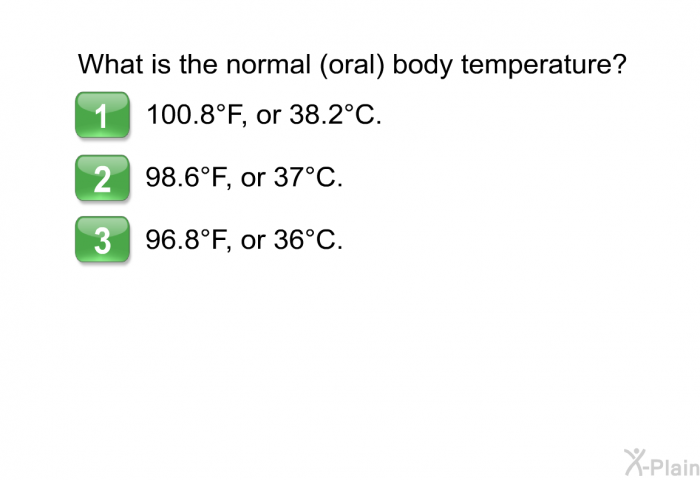 What is the normal (oral) body temperature?  100.8°F, or 38.2°C. 98.6°F, or 37°C. 96.8°F, or 36°C.