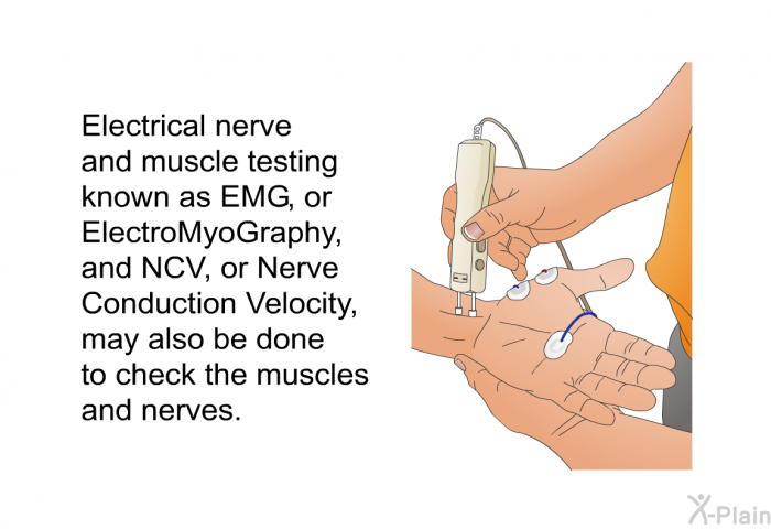 Electrical nerve and muscle testing known as EMG, or ElectroMyoGraphy, and NCV, or Nerve Conduction Velocity, may also be done to check the muscles and nerves.