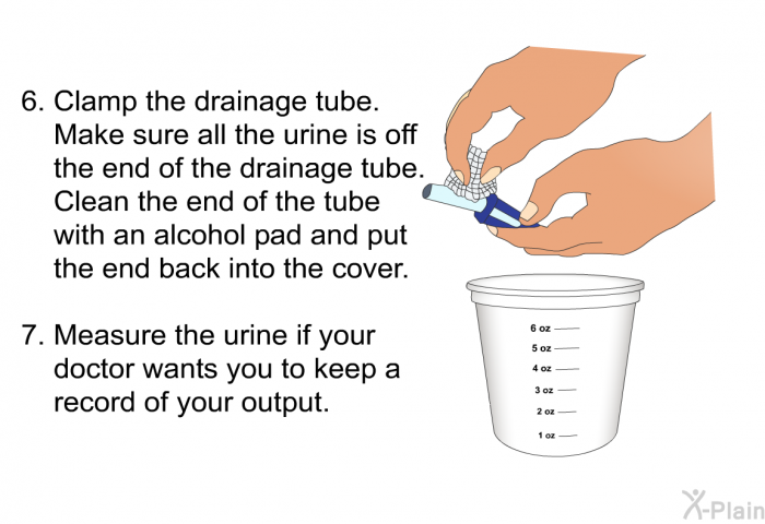 Clamp the drainage tube. Make sure all the urine is off the end of the drainage tube. Clean the end of the tube with an alcohol pad and put the end back into the cover. Measure the urine if your doctor wants you to keep a record of your output.