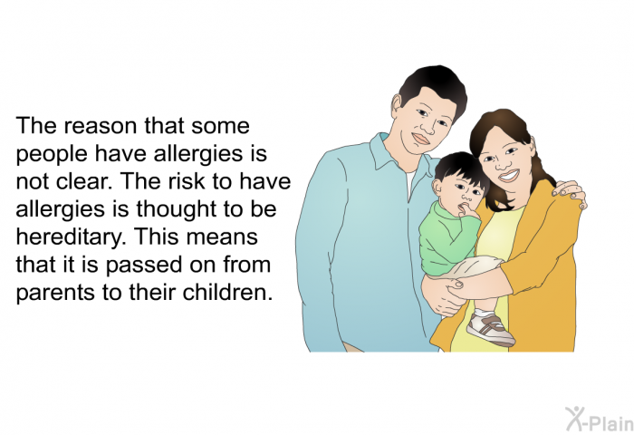 The reason that some people have allergies is not clear. The risk to have allergies is thought to be hereditary. This means that it is passed on from parents to their children.