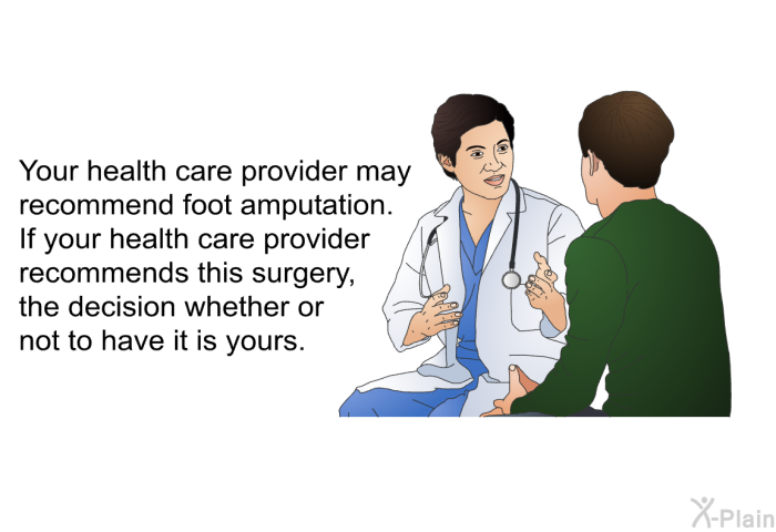 Your health care provider may recommend foot amputation. If your health care provider recommends this surgery, the decision whether or not to have it is yours.