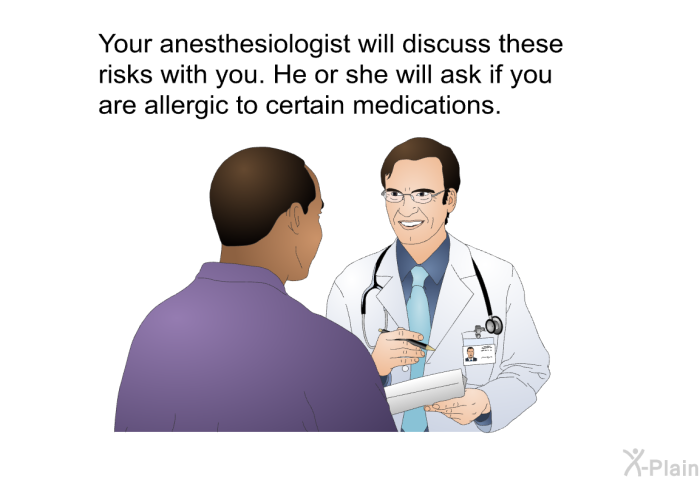 Your anesthesiologist will discuss these risks with you. He or she will ask if you are allergic to certain medications.