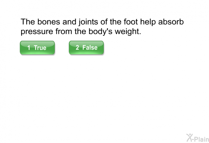 The bones and joints of the foot help absorb pressure from the body's weight. Select True or False.