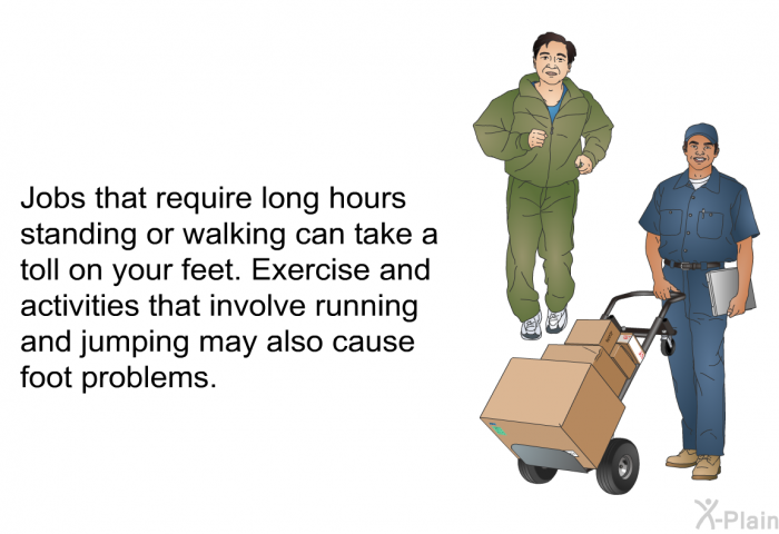 Jobs that require long hours standing or walking can take a toll on your feet. Exercise and activities that involve running and jumping may also cause foot problems.
