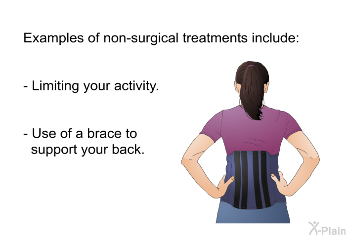 Examples of non-surgical treatments include:  Limiting your activity. Use of a brace to support your back.
