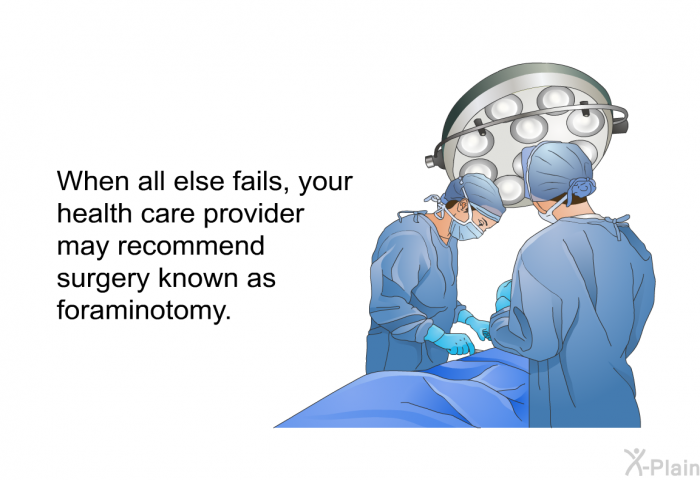 When all else fails, your health care provider may recommend surgery known as foraminotomy.