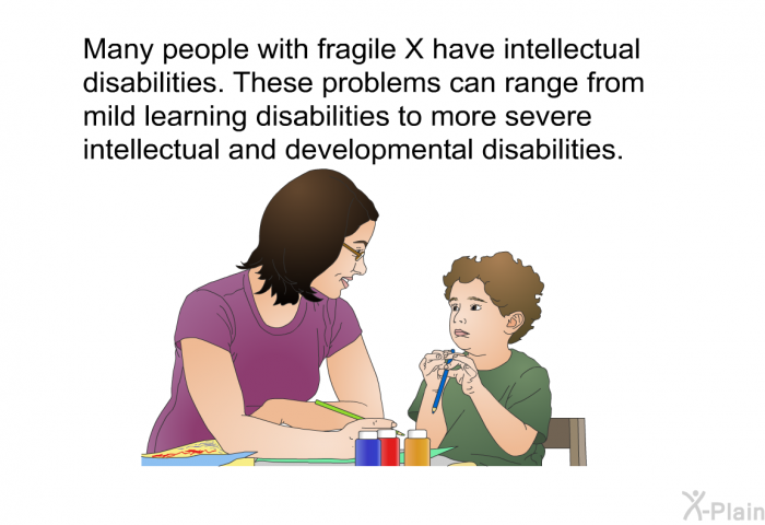 Many people with fragile X have intellectual disabilities. These problems can range from mild learning disabilities to more severe intellectual and developmental disabilities.
