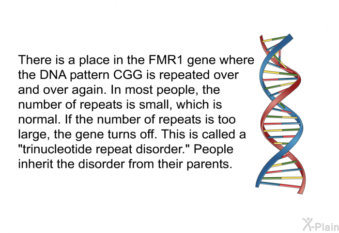 There is a place in the FMR1 gene where the DNA pattern CGG is repeated over and over again. In most people, the number of repeats is small, which is normal. If the number of repeats is too large, the gene turns off. This is called a "trinucleotide repeat disorder." People inherit the disorder from their parents.