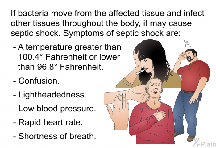 If bacteria move from the affected tissue and infect other tissues throughout the body, it may cause septic shock. Symptoms of septic shock are:  A temperature greater than 100.4° Fahrenheit or lower than 96.8° Fahrenheit. Confusion. Lightheadedness. Low blood pressure. Rapid heart rate. Shortness of breath.