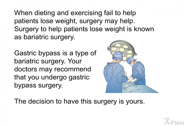 When dieting and exercising fail to help patients lose weight, surgery may help. Surgery to help patients lose weight is known as bariatric surgery. Gastric bypass is a type of bariatric surgery. Your doctors may recommend that you undergo gastric bypass surgery. The decision to have this surgery is yours.