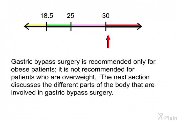 Gastric bypass surgery is recommended only for obese patients; it is not recommended for patients who are overweight. The next section discusses the different parts of the body that are involved in gastric bypass surgery.