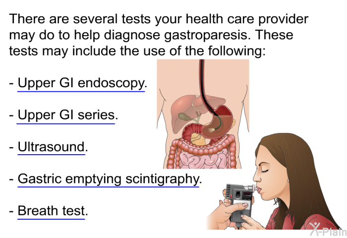 There are several tests your health care provider may do to help diagnose gastroparesis. These tests may include the use of the following:  Upper GI endoscopy. Upper GI series. Ultrasound. Gastric emptying scintigraphy. Breath test.