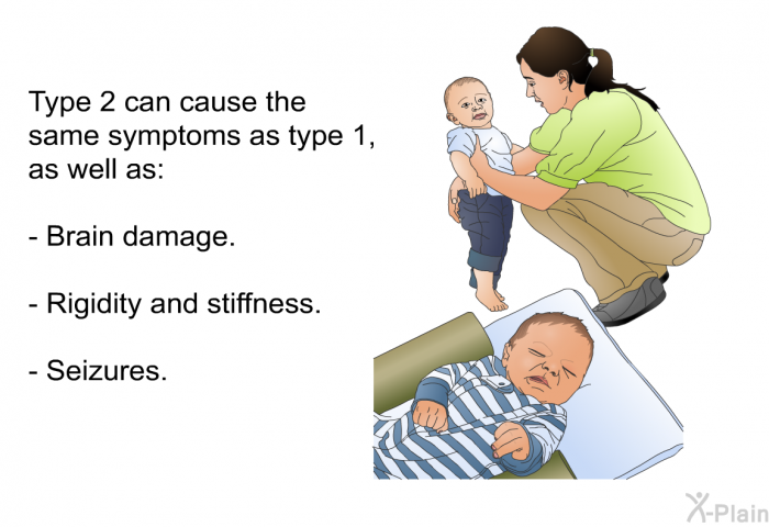 Type 2 can cause the same symptoms as type 1, as well as:  Brain damage. Rigidity and stiffness. Seizures.
