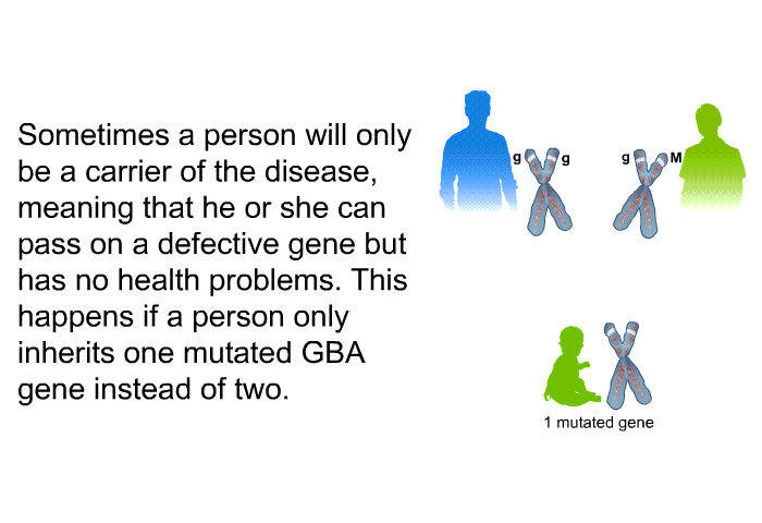 Sometimes a person will only be a carrier of the disease, meaning that he or she can pass on a defective gene but has no health problems. This happens if a person only inherits one mutated GBA gene instead of two.