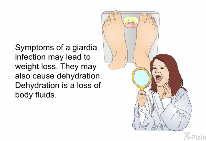 Symptoms of a giardia infection may lead to weight loss. They may also cause dehydration. Dehydration is a loss of body fluids.