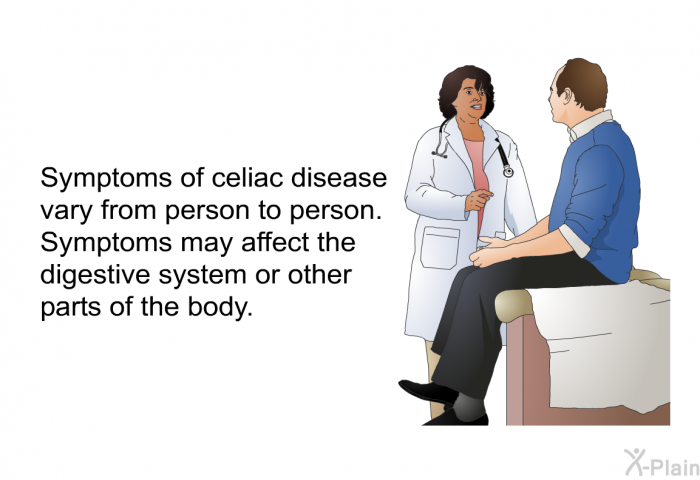 Symptoms of celiac disease vary from person to person. Symptoms may affect the digestive system or other parts of the body.