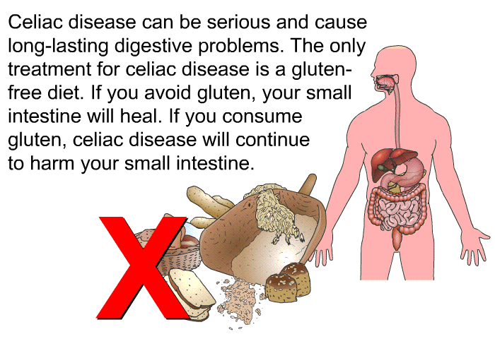 Celiac disease can be serious and cause long-lasting digestive problems. The only treatment for celiac disease is a gluten-free diet. If you avoid gluten, your small intestine will heal. If you consume gluten, celiac disease will continue to harm your small intestine.