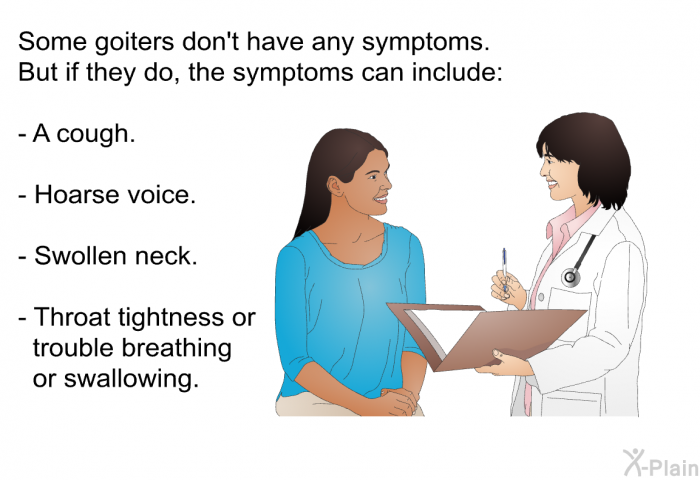 Some goiters don't have any symptoms. But if they do, the symptoms can include:  A cough. Hoarse voice. Swollen neck. Throat tightness or trouble breathing or swallowing.