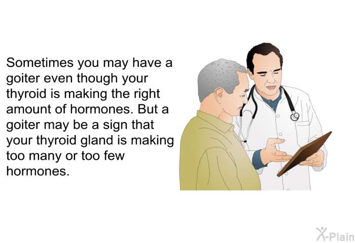 Sometimes you may have a goiter even though your thyroid is making the right amount of hormones. But a goiter may be a sign that your thyroid gland is making too many or too few hormones.