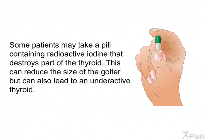 Some patients may take a pill containing radioactive iodine that destroys part of the thyroid. This can reduce the size of the goiter but can also lead to an underactive thyroid.