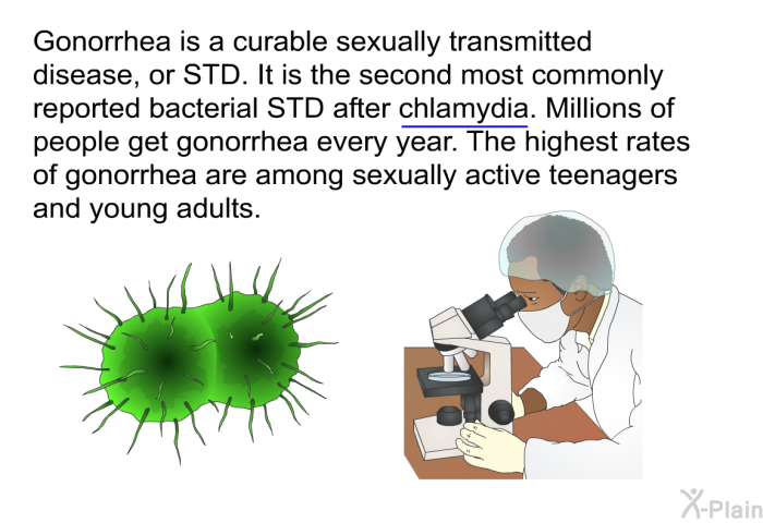 Gonorrhea is a curable sexually transmitted disease, or STD. It is the second most commonly reported bacterial STD after chlamydia. Millions of people get gonorrhea every year. The highest rates of gonorrhea are among sexually active teenagers and young adults.