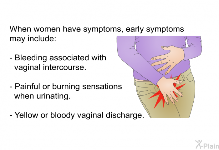 When women have symptoms, early symptoms may include:  Bleeding associated with vaginal intercourse. Painful or burning sensations when urinating. Yellow or bloody vaginal discharge.