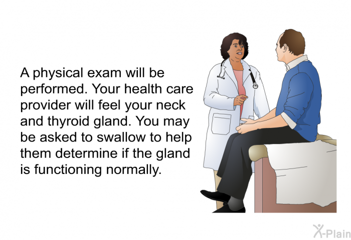 A physical exam will be performed. Your health care provider will feel your neck and thyroid gland. You may be asked to swallow to help them determine if the gland is functioning normally.