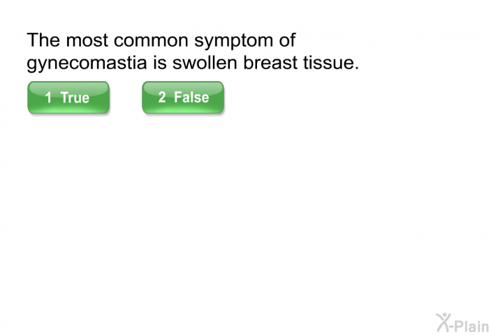 The most common symptom of gynecomastia is swollen breast tissue.