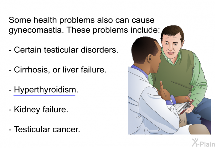 Some health problems also can cause gynecomastia. These problems include:  Certain testicular disorders. Cirrhosis, or liver failure. Hyperthyroidism. Kidney failure. Testicular cancer.