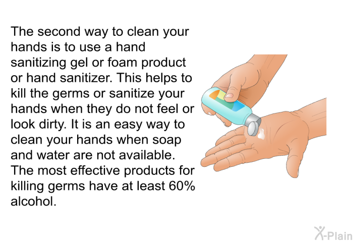 The second way to clean your hands is to use a hand sanitizing gel or foam product or hand sanitizer. This helps to kill the germs or sanitize your hands when they do not feel or look dirty. It is an easy way to clean your hands when soap and water are not available. The most effective products for killing germs have at least 60% alcohol.