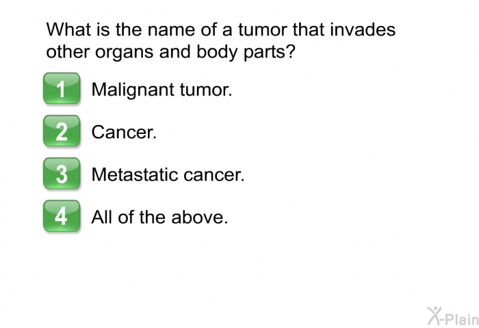 What is the name of a tumor that invades other organs and body parts?  Malignant tumor. Cancer. Metastatic cancer. All of the above.