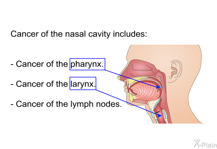 Cancer of the nasal cavity includes:  Cancer of the pharynx. Cancer of the larynx. Cancer of the lymph nodes.