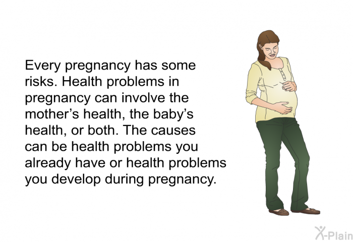 Every pregnancy has some risks. Health problems in pregnancy can involve the mother's health, the baby's health, or both. The causes can be health problems you already have or health problems you develop during pregnancy.