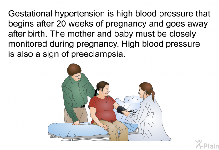 Gestational hypertension is high blood pressure that begins after 20 weeks of pregnancy and goes away after birth. The mother and baby must be closely monitored during pregnancy. High blood pressure is also a sign of preeclampsia.