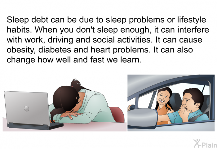 Sleep debt can be due to sleep problems or lifestyle habits. When you don't sleep enough, it can interfere with work, driving and social activities. It can cause obesity, diabetes and heart problems. It can also change how well and fast we learn.