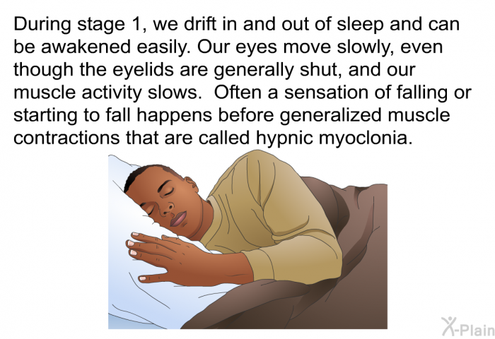 During stage 1, we drift in and out of sleep and can be awakened easily. Our eyes move slowly, even though the eyelids are generally shut, and our muscle activity slows. Often a sensation of falling or starting to fall happens before generalized muscle contractions that are called hypnic myoclonia.