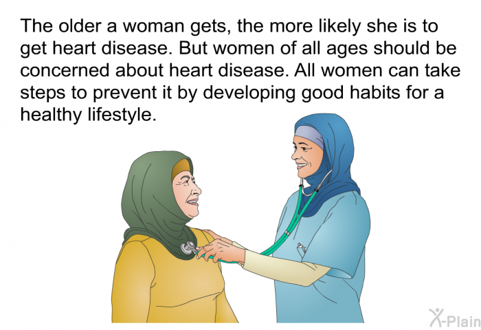 The older a woman gets, the more likely she is to get heart disease. But women of all ages should be concerned about heart disease. All women can take steps to prevent it by developing good habits for a healthy lifestyle.